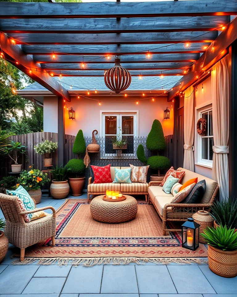 cozy outdoor nooks with layered rug - 20 Boho House Exterior Ideas