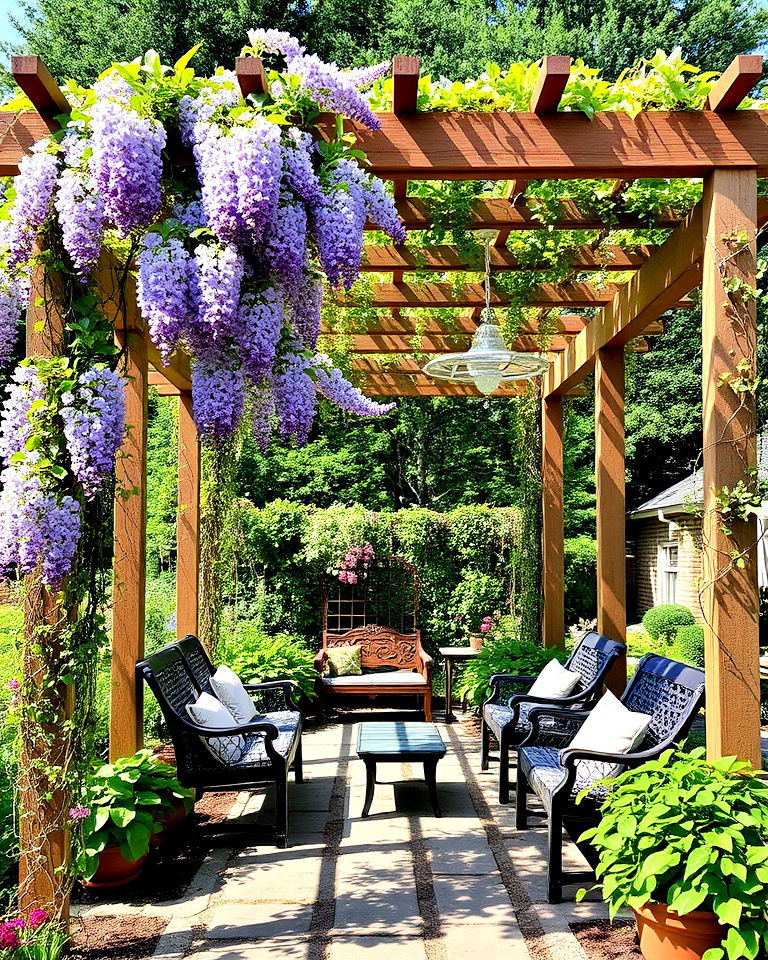 cozy pergola with climbing plants - 15 Spring Garden Ideas
