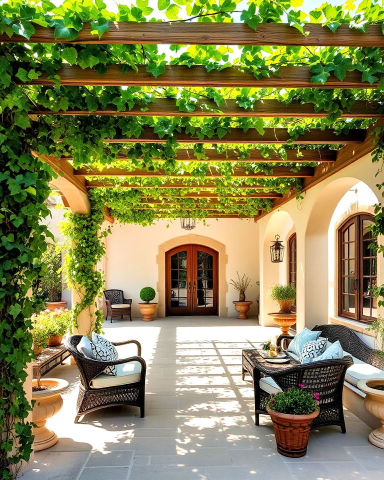cozy pergolas with climbing vines - 25 Mediterranean House Exterior Ideas