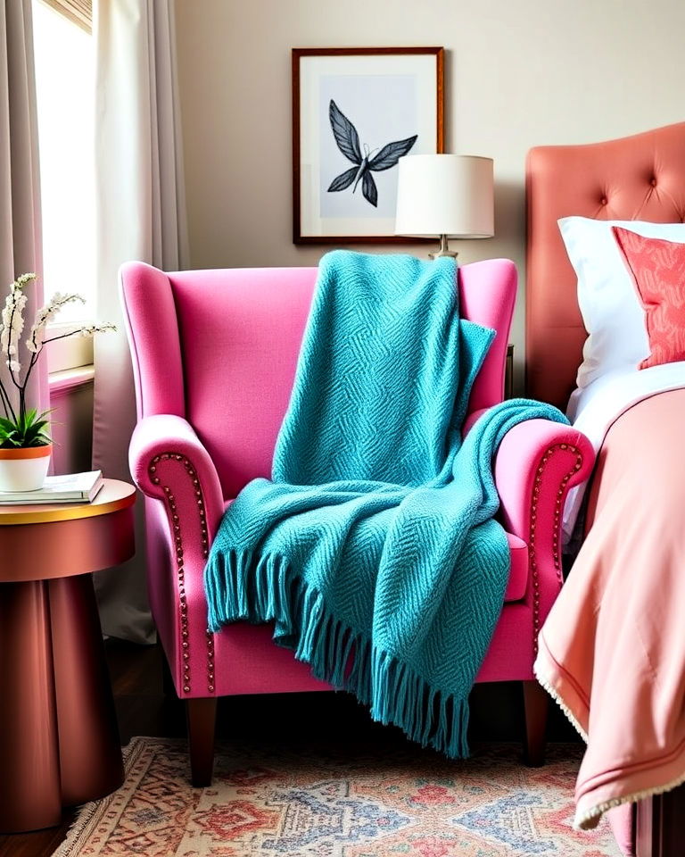 cozy pink accent chair with teal throw - 25 Teal and Pink Bedroom Ideas-captions