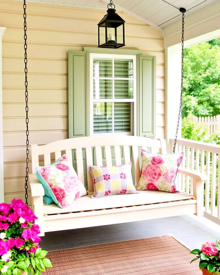 cozy porch swing with pillows - 15 Cottage Front Porch Ideas