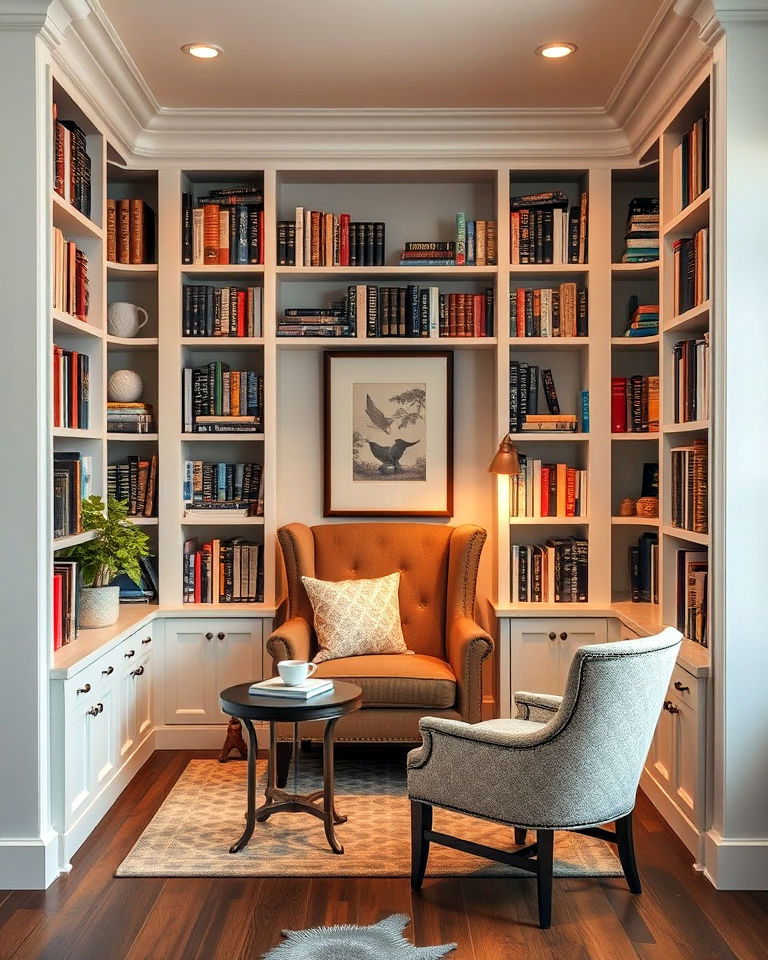 cozy reading nook with bookshelves - 25 Home Office Library Ideas