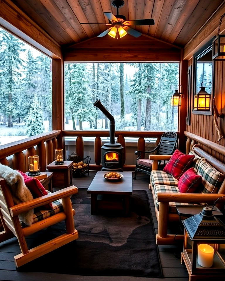 cozy rustic cabin style porch - 20 Screened-in Front Porch Ideas