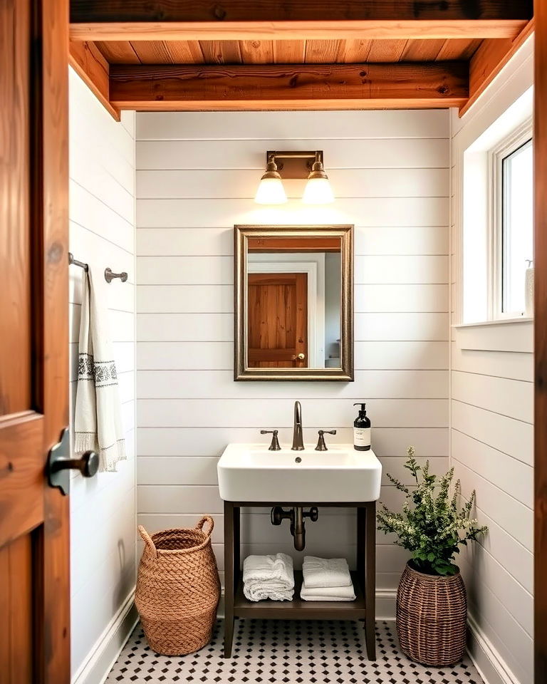 cozy rustic exposed beams and shiplap walls - 25 Small Rustic Bathroom Ideas