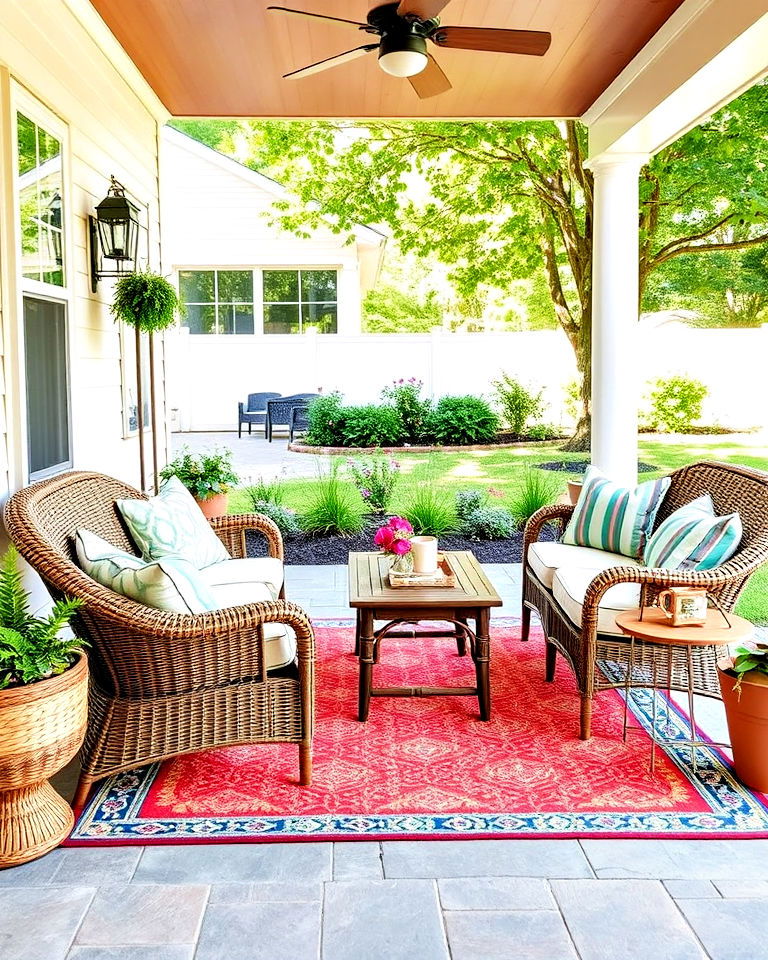 cozy wicker furniture with outdoor rug - 25 Front Yard Sitting Area Ideas