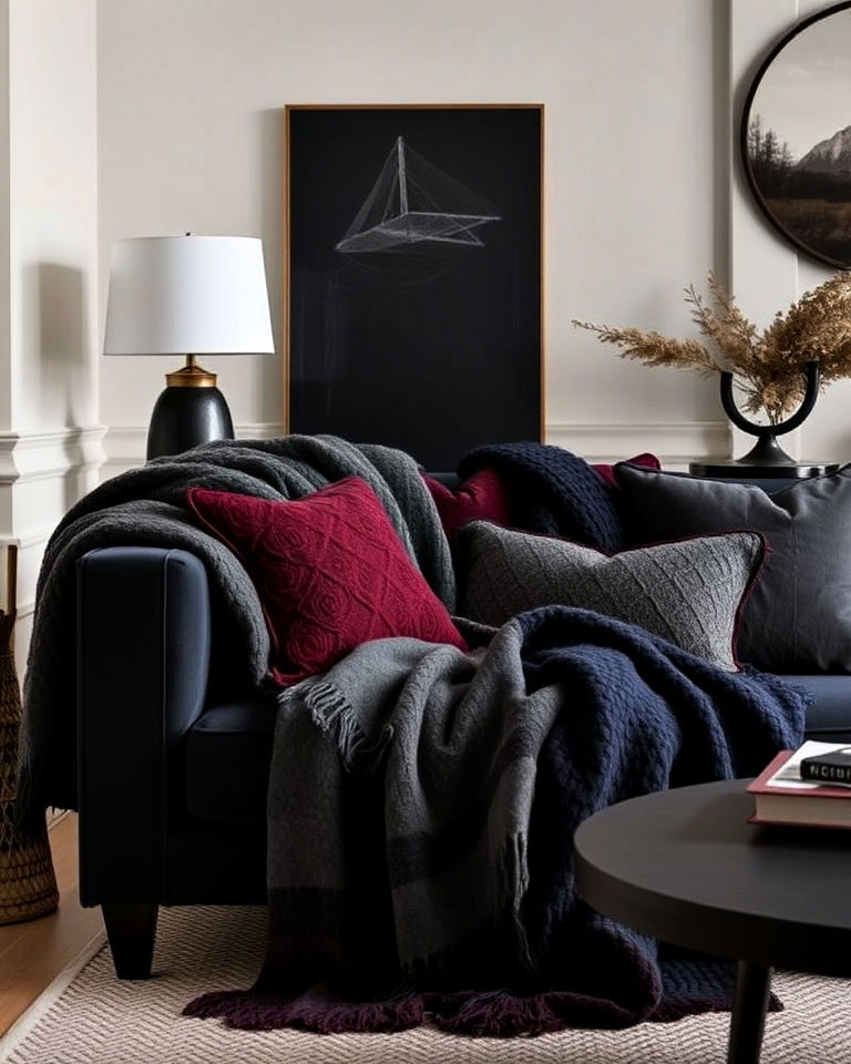 cozy wool throws in dark tones - 20 Whimsigoth Living Room Ideas