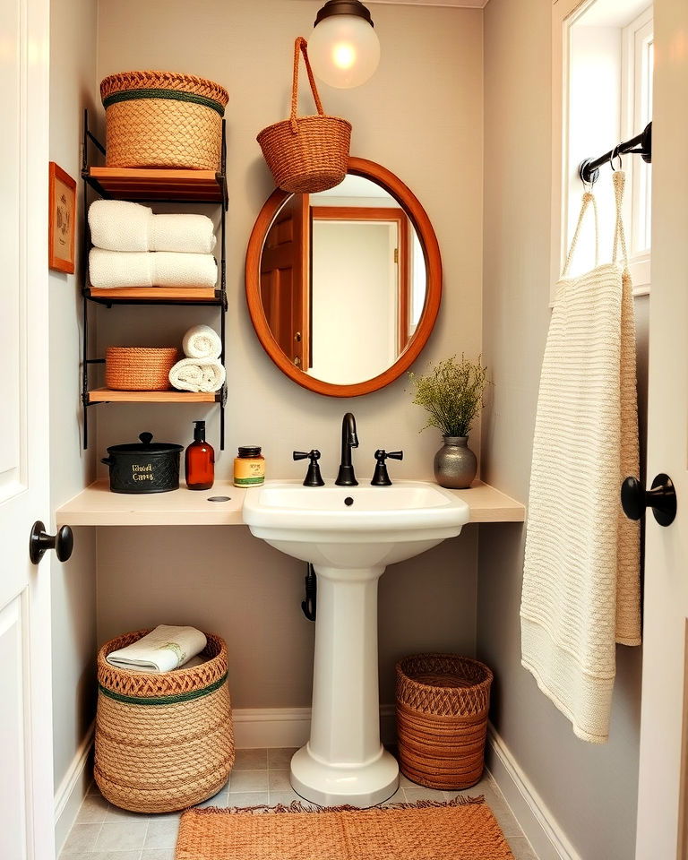 cozy woven baskets for storage - 25 Small Rustic Bathroom Ideas