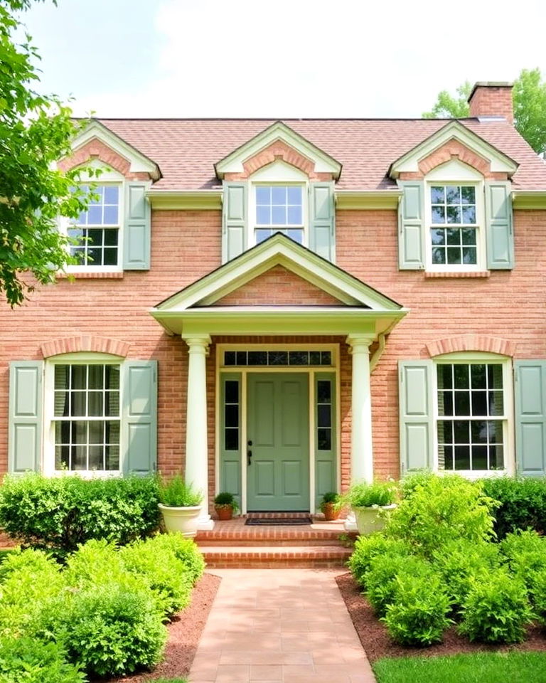 cream and sage green brick house - 25 Blonde Brick House Color Schemes