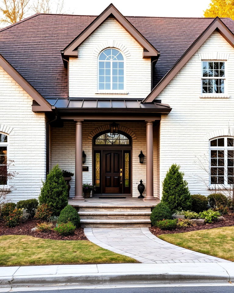 cream brick exterior with brown shingles - 20 Cream and Brown House Exterior Ideas