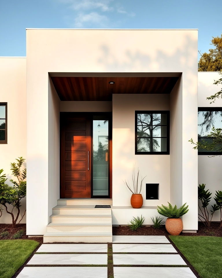cream concrete exterior walls with brown wooden accents - 20 Cream and Brown House Exterior Ideas