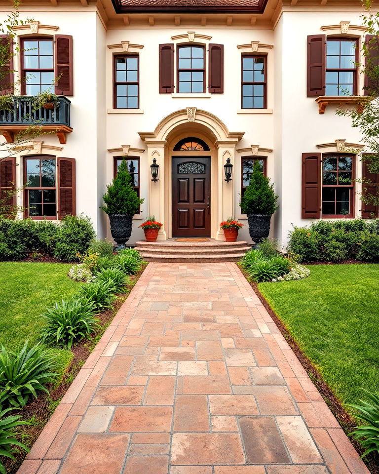 cream exterior with brown stone pathway - 20 Cream and Brown House Exterior Ideas