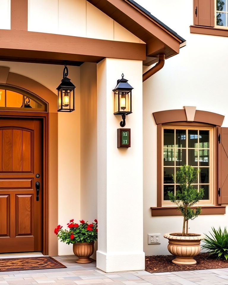 cream facade with brown lantern lighting - 20 Cream and Brown House Exterior Ideas