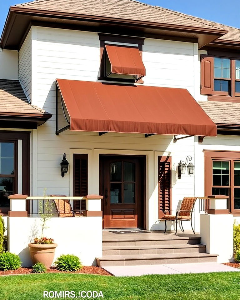 cream house exterior with brown awnings - 20 Cream and Brown House Exterior Ideas