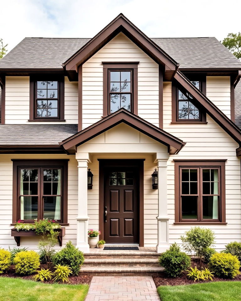 cream siding with brown trim - 20 Cream and Brown House Exterior Ideas
