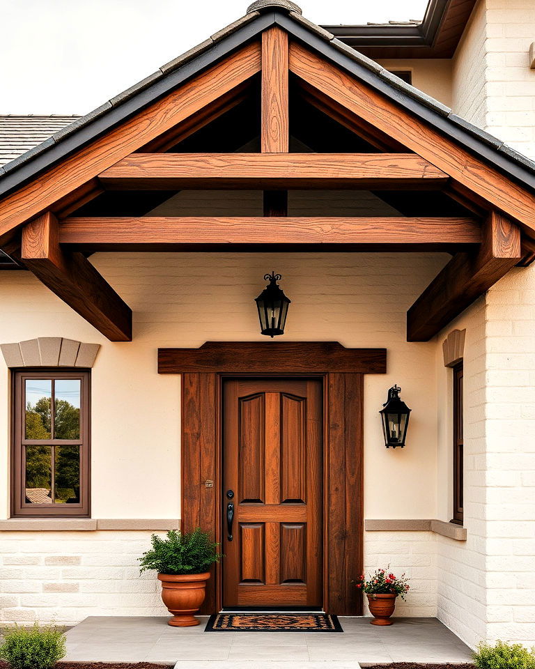 cream stucco with brown beams - 20 Cream and Brown House Exterior Ideas