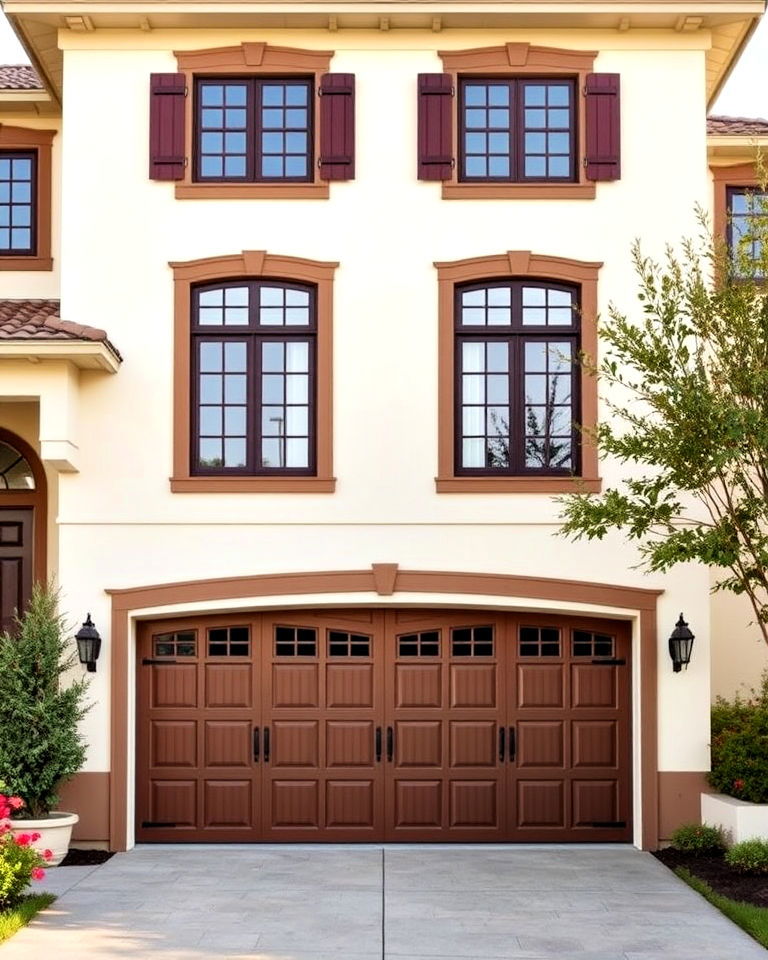 cream walls house with brown garage doors - 20 Cream and Brown House Exterior Ideas