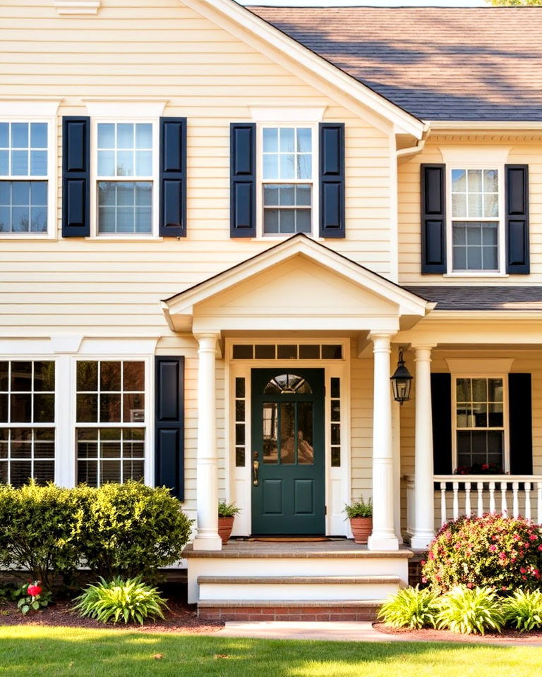 creamy off white siding with dark colored shutters - 30 House Siding Colors