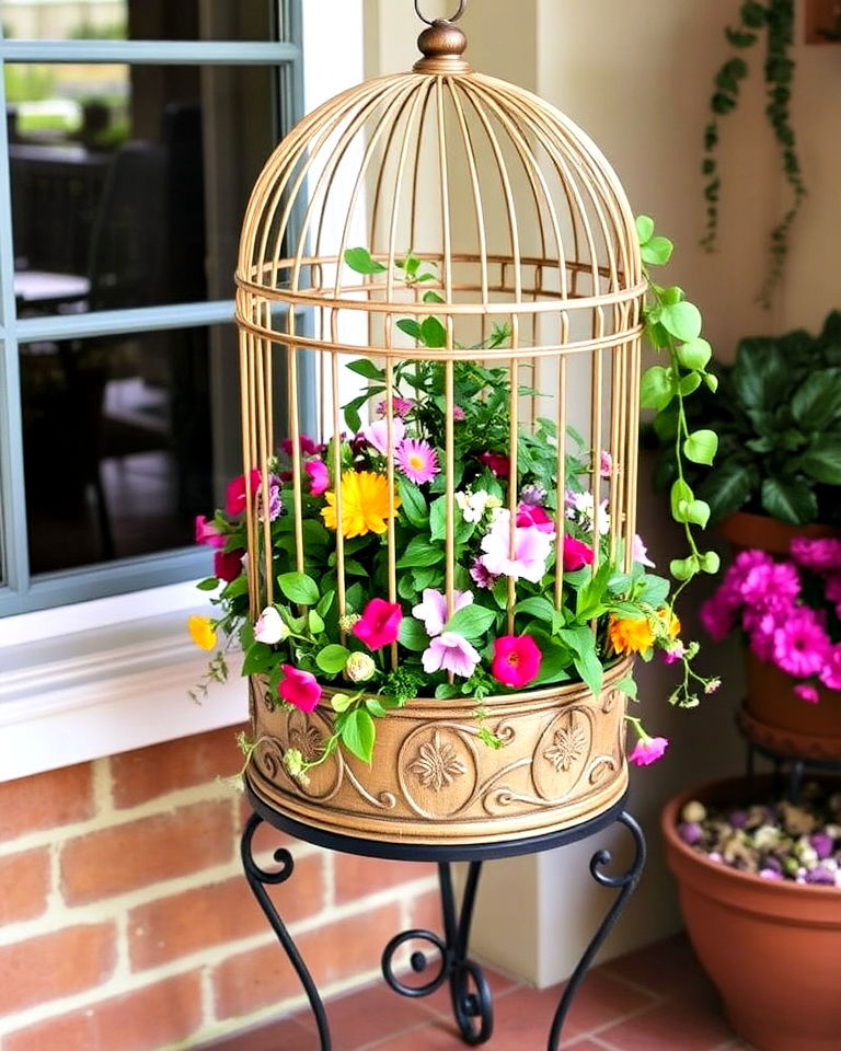 create a bird cage stand for mixed plants - 15 Bird Cage Planter Ideas