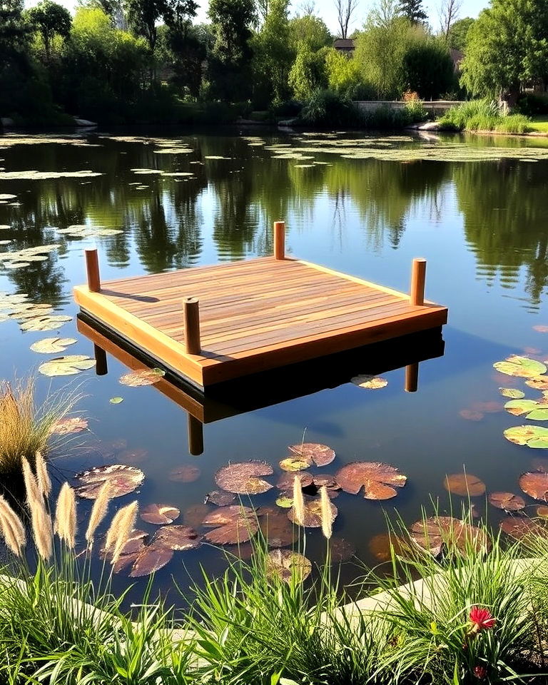 create a floating dock focal point for pond - 15 Large Pond Landscaping Ideas