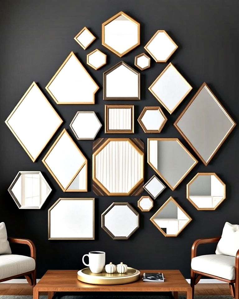 create a gallery wall with mirrors arranged in geometric patterns - 25 Mirror Gallery Wall Ideas