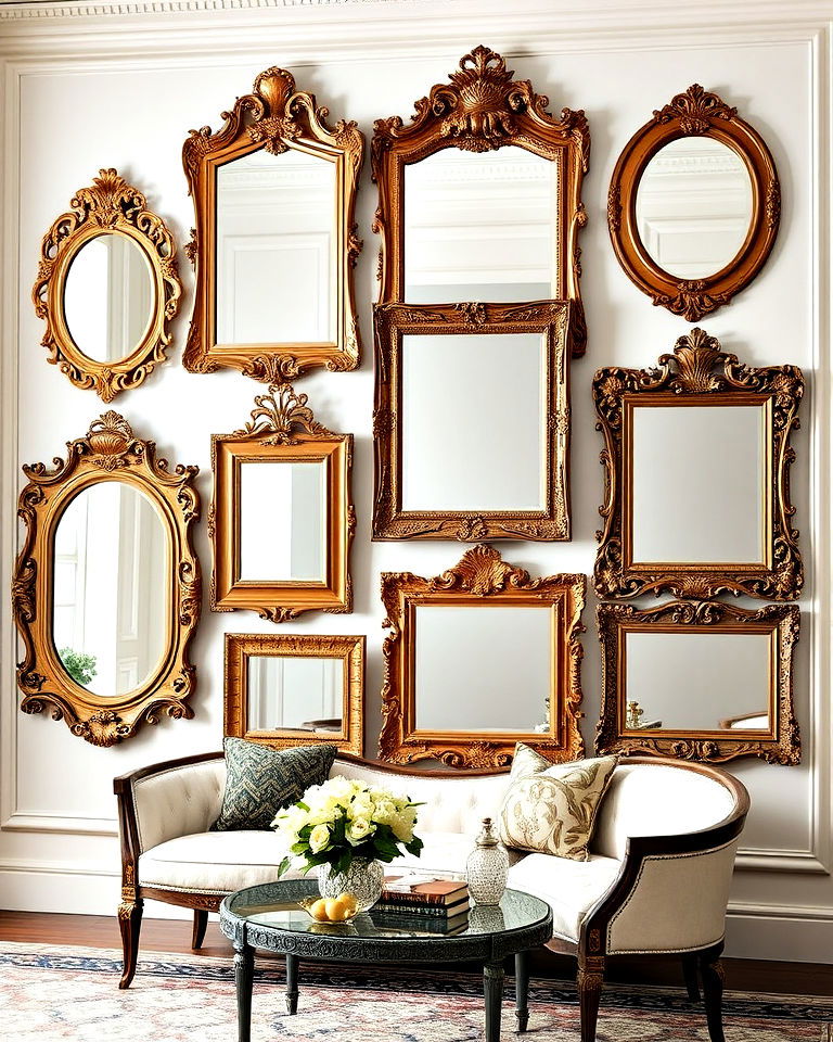 create a luxurious gallery wall mirrors with ornate frame focus - 25 Mirror Gallery Wall Ideas