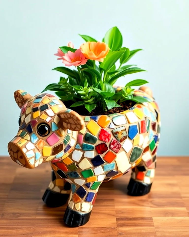 create a mosaic cow planter using broken tiles - 15 Cow Planter Pot Ideas