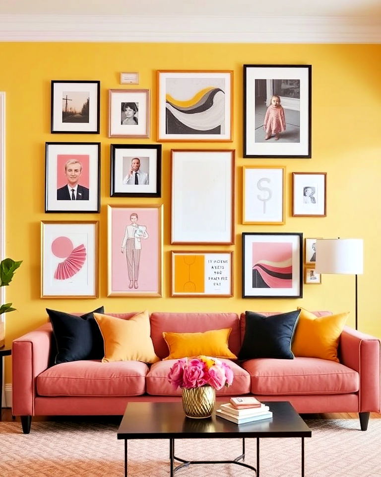 create a yellow and pink gallery wall - 25 How to Decorate With Yellow and Pink-captions