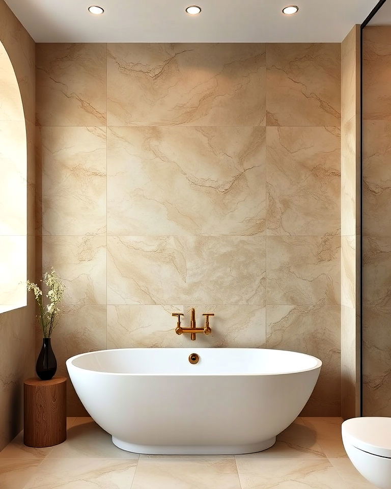 creating a feature wall with travertine - 25 Travertine Bathroom Ideas