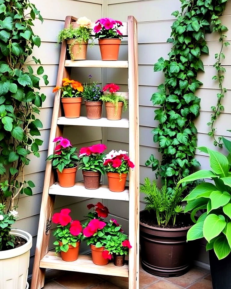 creative and functional plant stand for a corner garden - 15 Corner Garden Ideas With Pots
