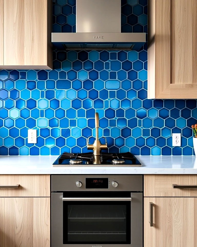creative backsplash blue gradient hexagon tiles - 25 Kitchen With Blue Backsplash Ideas