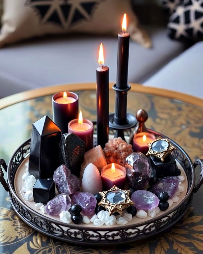 crystals and candle displays on a decorative tray - 20 Gothic Boho Decor Ideas