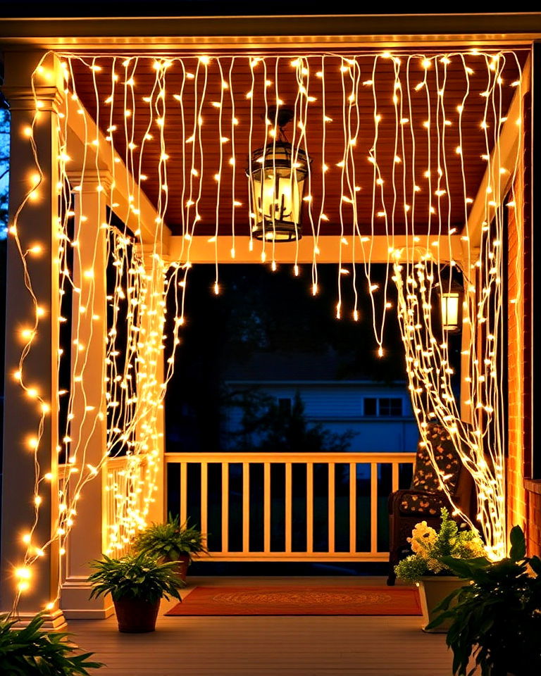 curtain string lights for a dramatic effect - 15 Front Porch String Lights Ideas