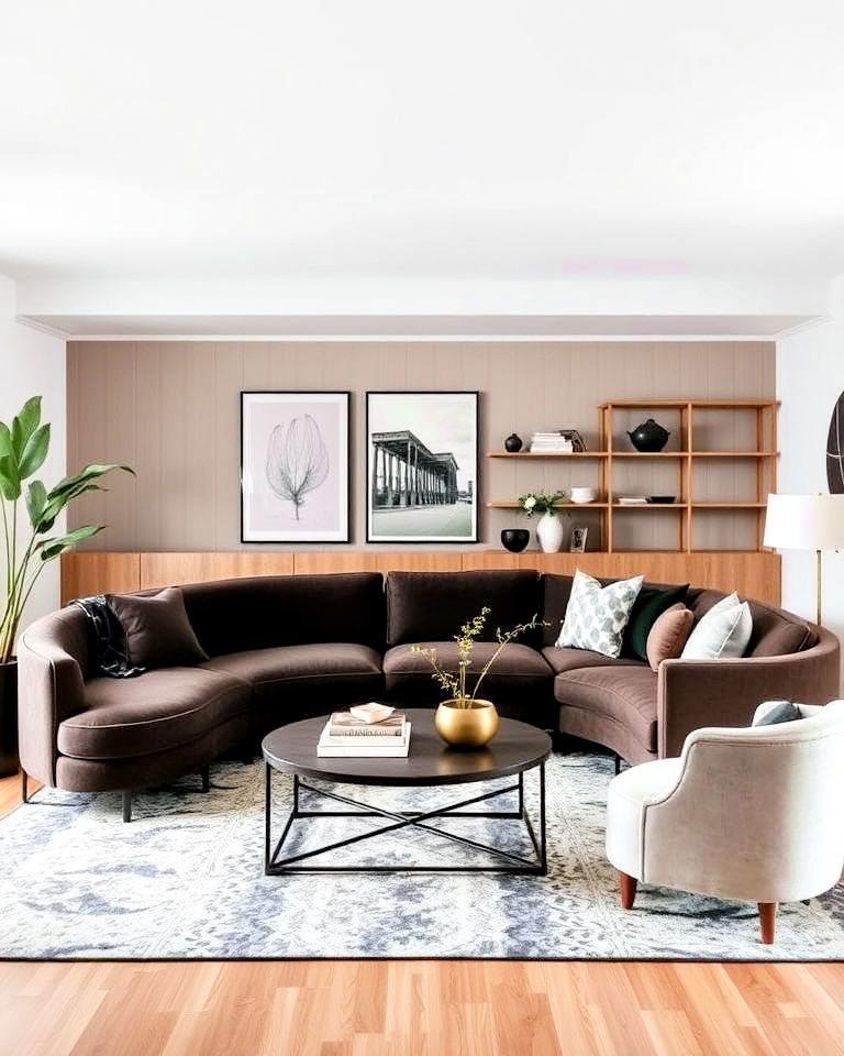 curved modern sofa with a traditional rectangular one - 15 Mismatched Sofas in Living Room Ideas
