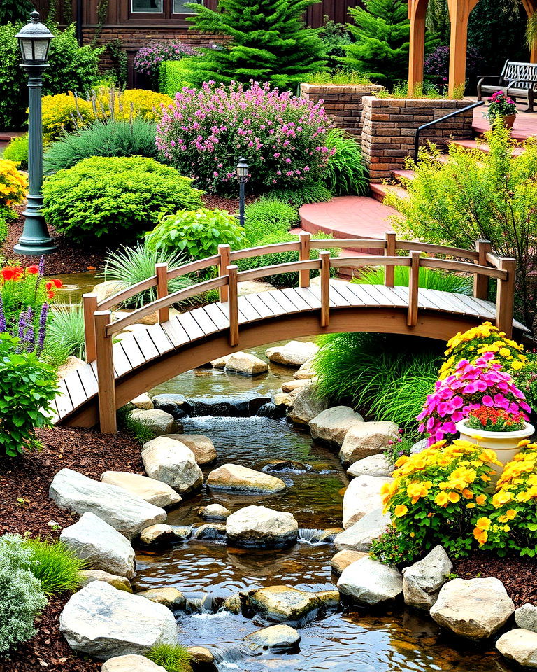 curved stream with arched bridge - 25 Small Garden Stream Ideas