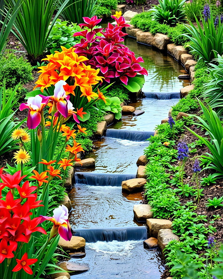 curved stream with colorful plants - 25 Small Garden Stream Ideas