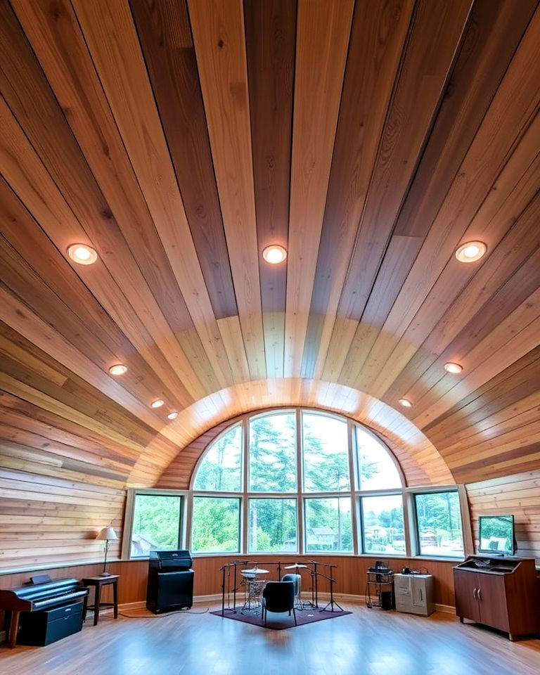 curved wood plank ceiling for music room - 15 Wood Plank Ceiling Ideas