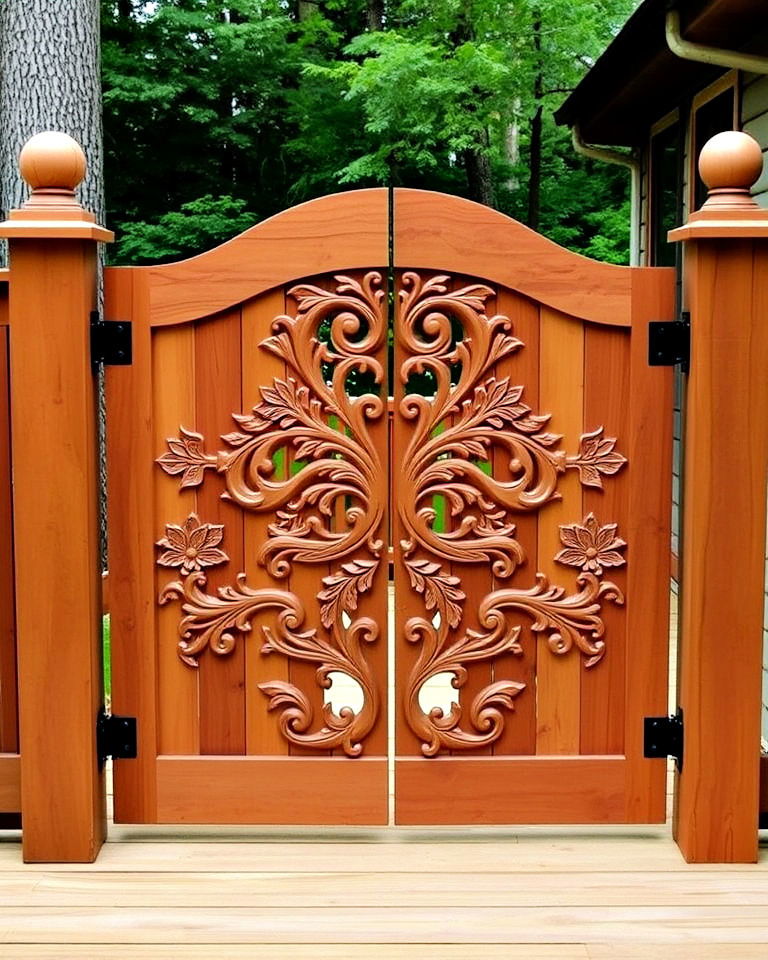 custom carved wooden deck gate - 25 Deck Gate Ideas