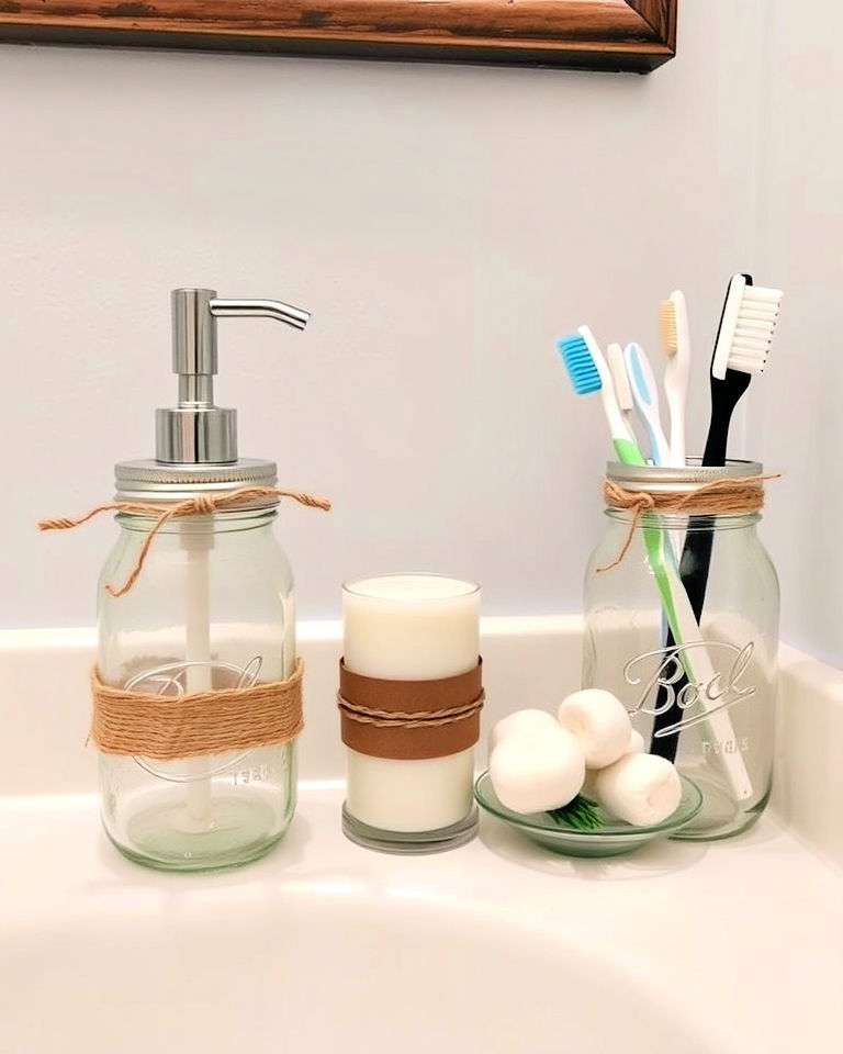 customize mason jar accessories - 25 Small Rustic Bathroom Ideas