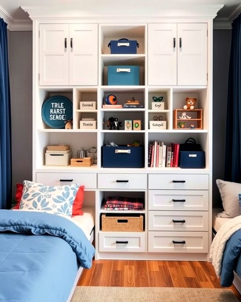 customized storage units for shared kids room - 40 Shared Kids Room Design Ideas