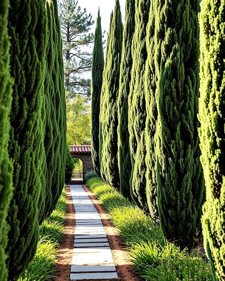 cypress trees for vertical interest - 25 Greek Garden Ideas