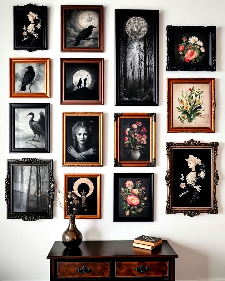dark artwork and gallery walls - 20 Gothic Boho Decor Ideas