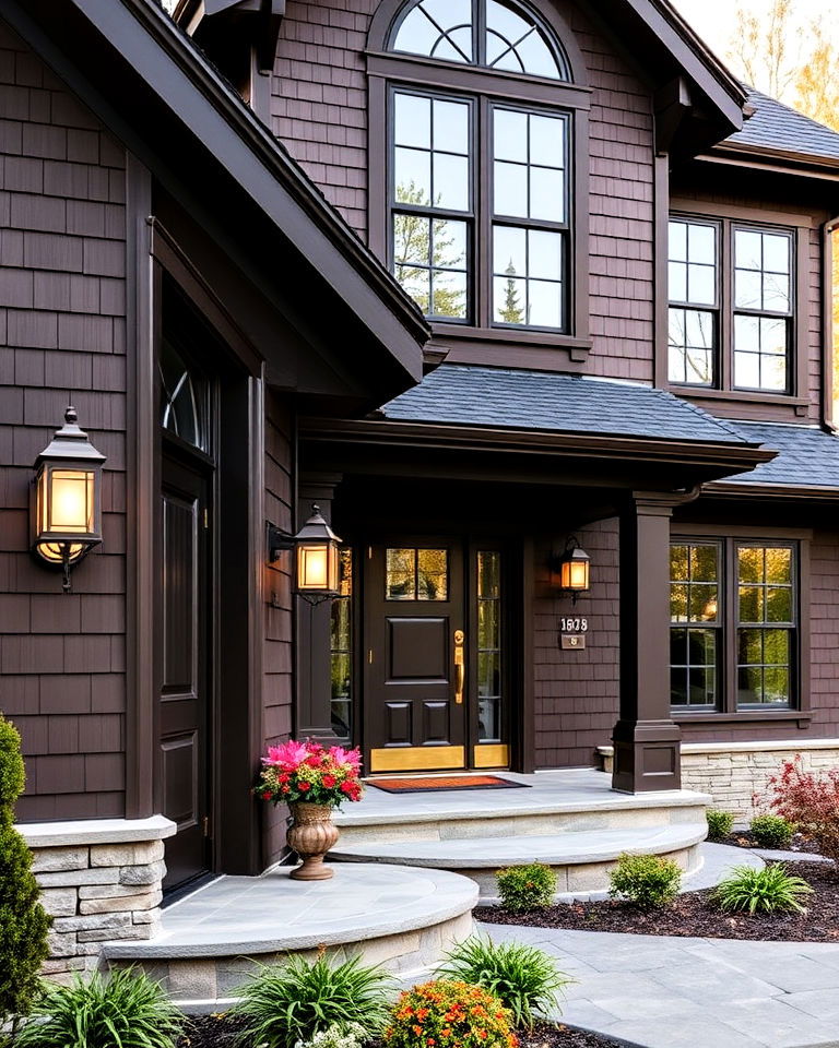 dark chocolate brown exterior with gold accents - 15 Chocolate Brown House Exterior Design Ideas