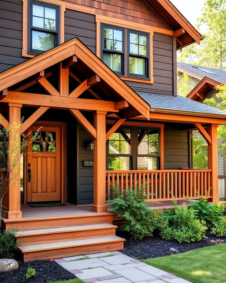 dark chocolate brown exterior with natural wood accents - 15 Chocolate Brown House Exterior Design Ideas