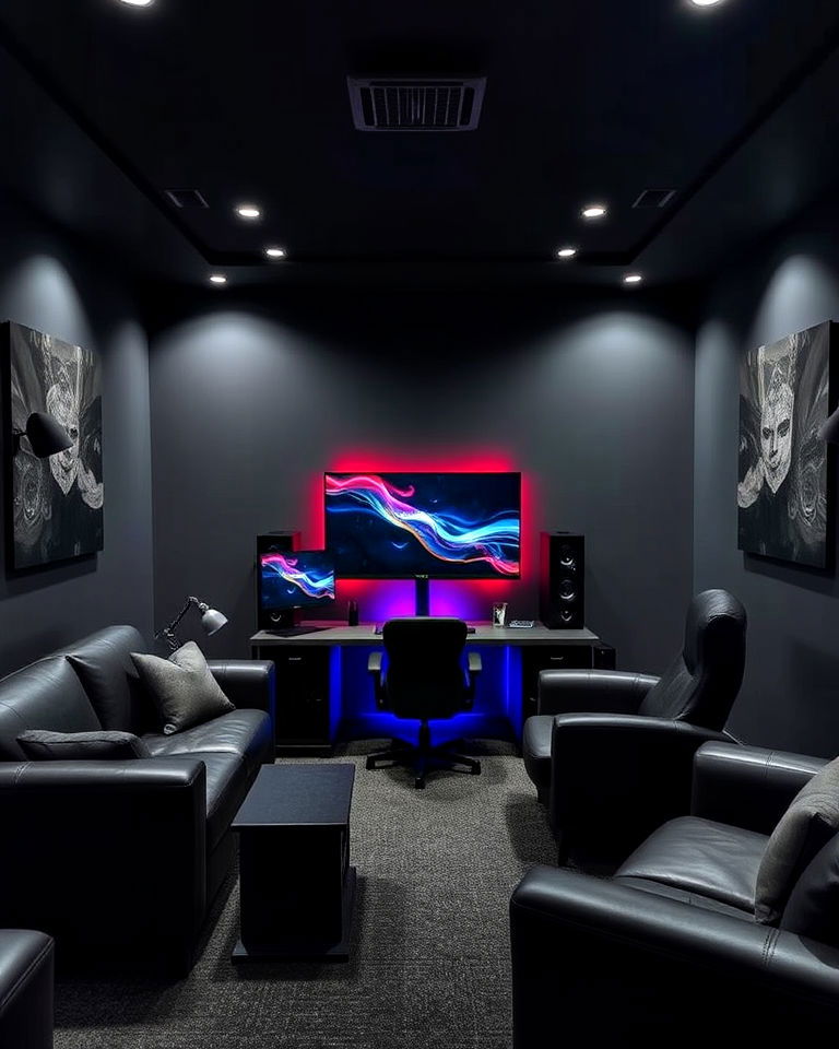 dark color palette man cave gaming - 20 Gaming Man Cave Ideas