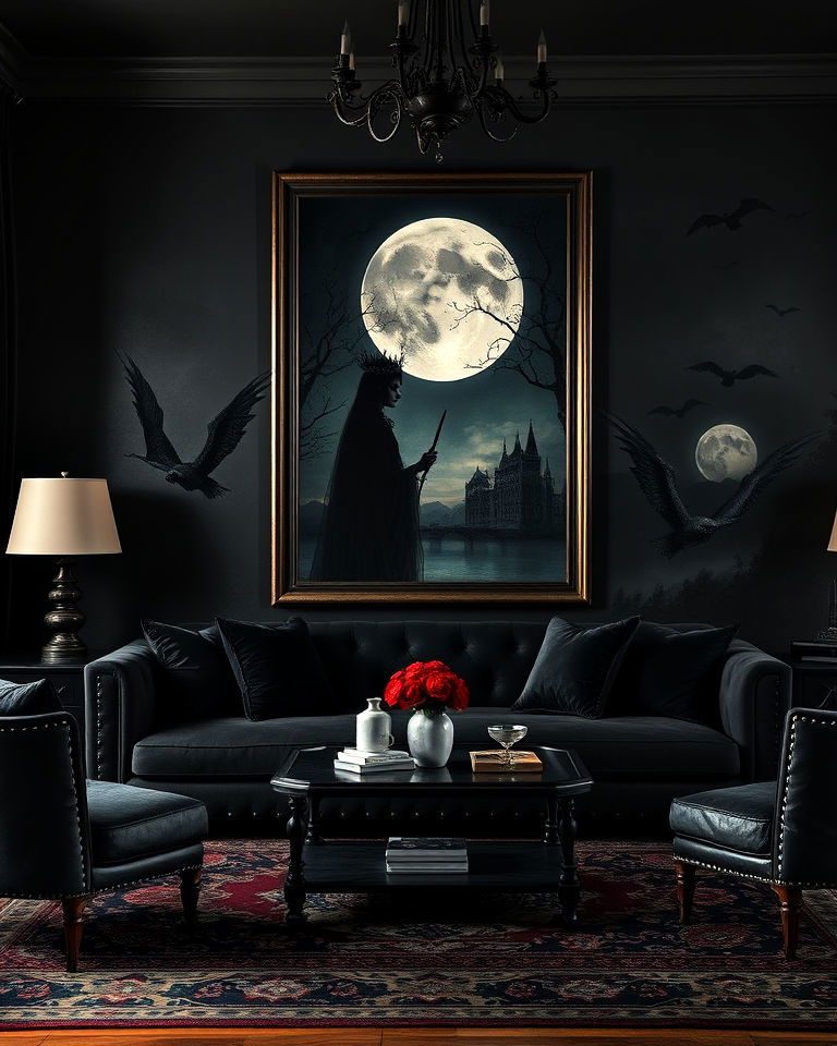 dark gothic artwork whimsigoth living room - 20 Whimsigoth Living Room Ideas