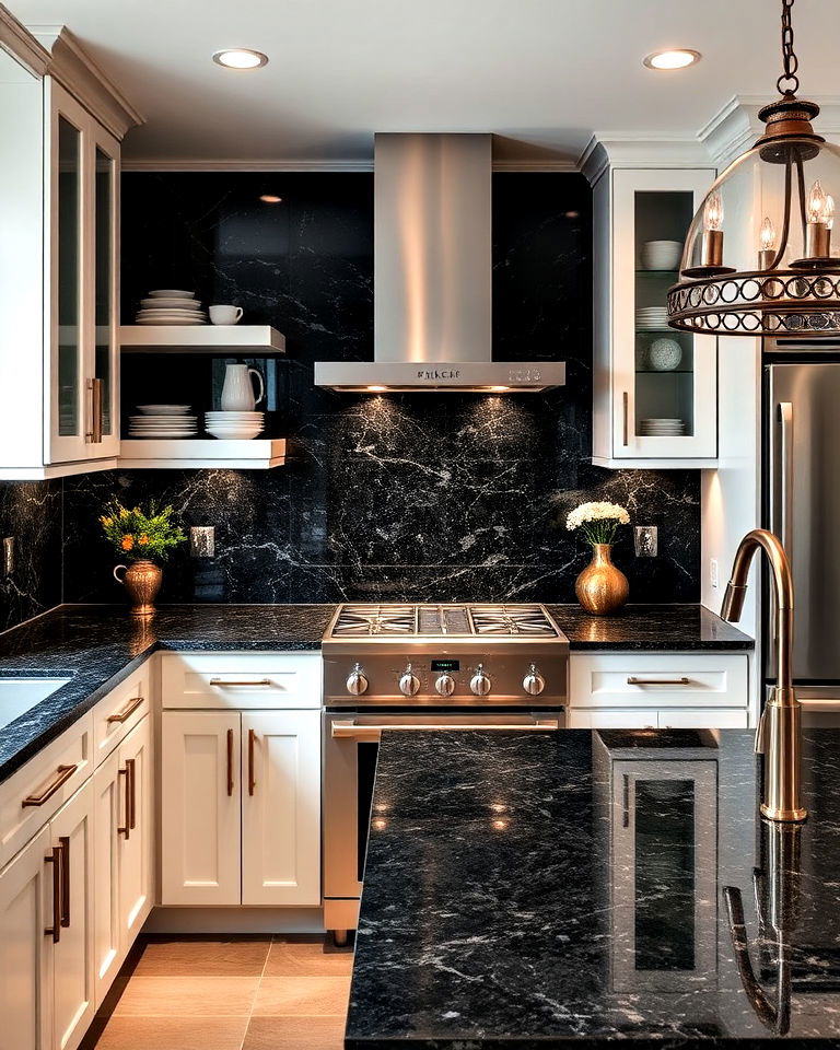 dark granite backsplash for timeless luxury - 20 Kitchens With Dark Backsplashes