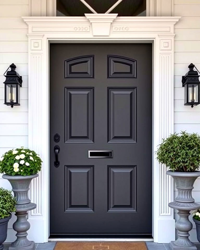 dark gray door with intricate molding - 15 Dark Gray Front Door Ideas