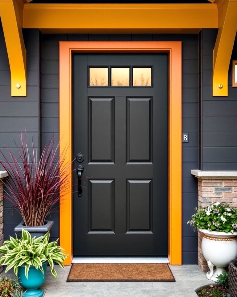 dark gray front door framed with bold - 15 Dark Gray Front Door Ideas