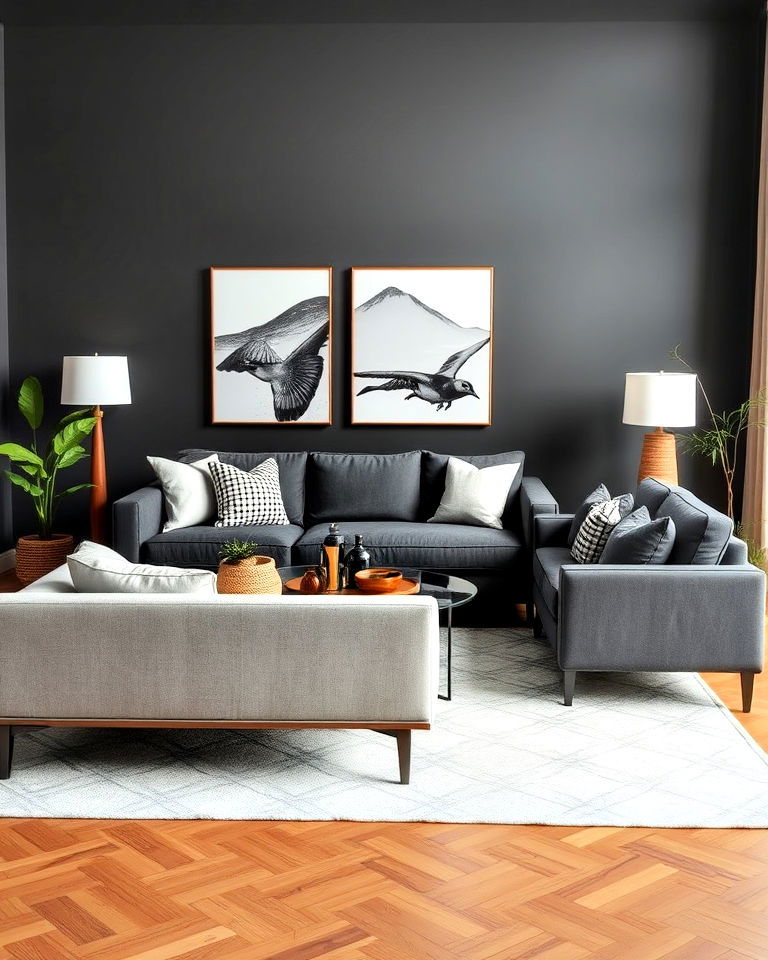 dark gray sofa with a light gray loveseat - 15 Mismatched Sofas in Living Room Ideas