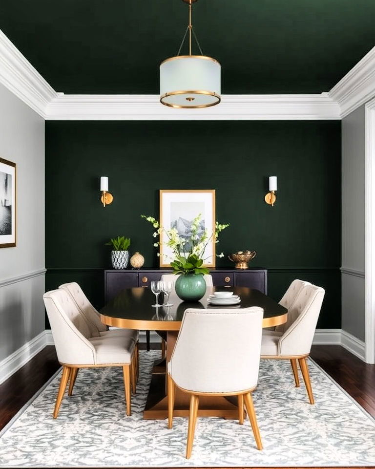 dark green accent wall dining room - 20 Dark Green Dining Room Ideas